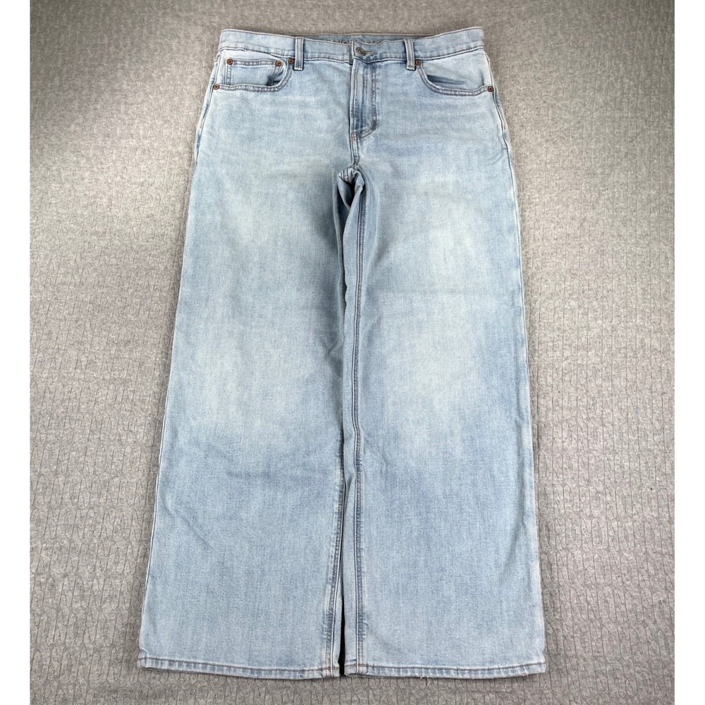 American Eagle Baggy Wide Leg Jeans Women 12/34x28 Light Blue Stretch High Rise